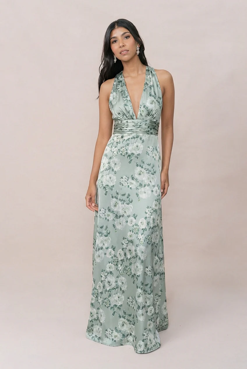 Dylan Satin Floral Print Dress | Made To Order - Image 45