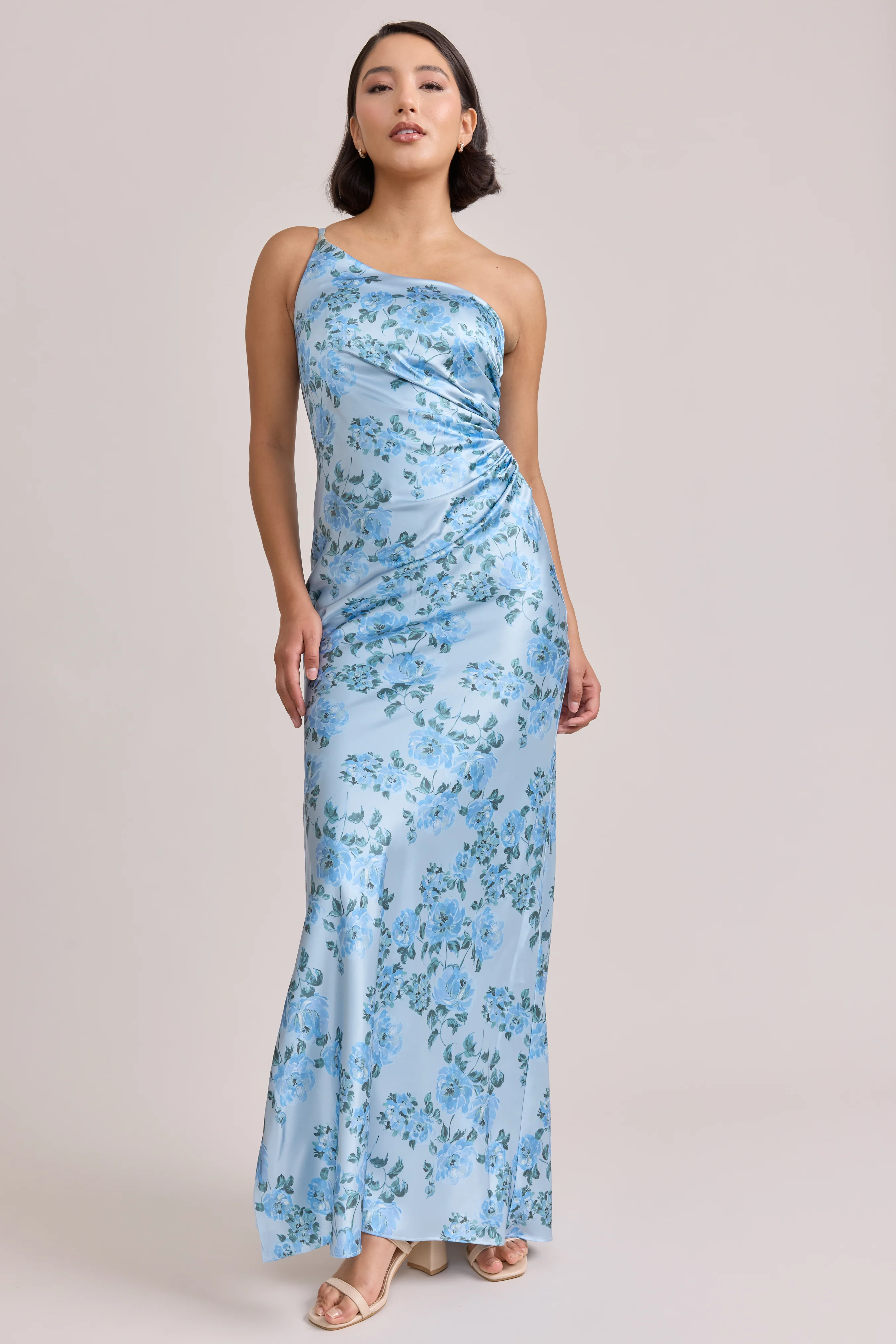 Jade Satin Floral Print Dress | Made To Order