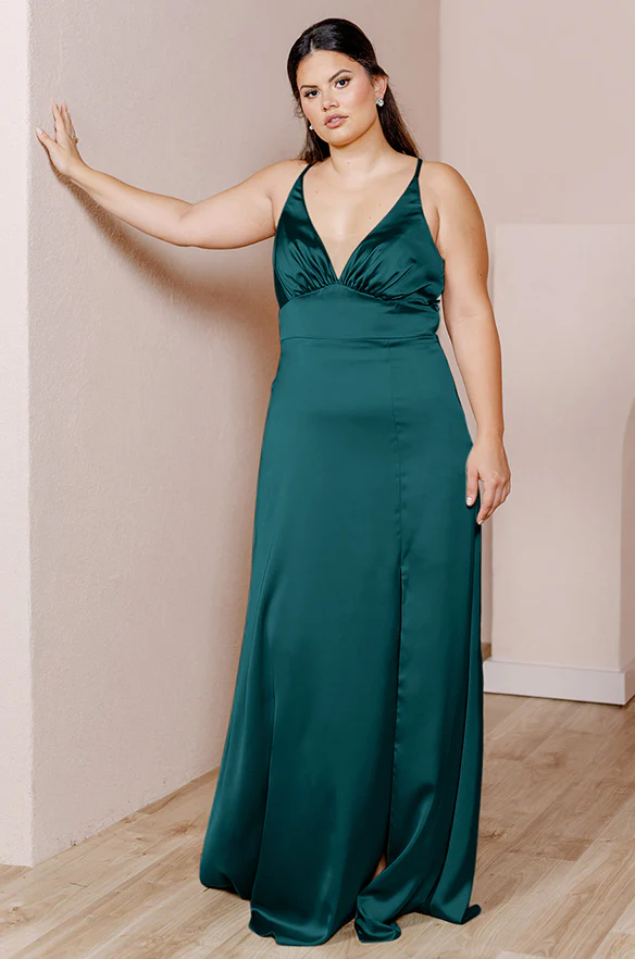 Sample Classic Emerald Carmen Satin Dress | Ready To Ship