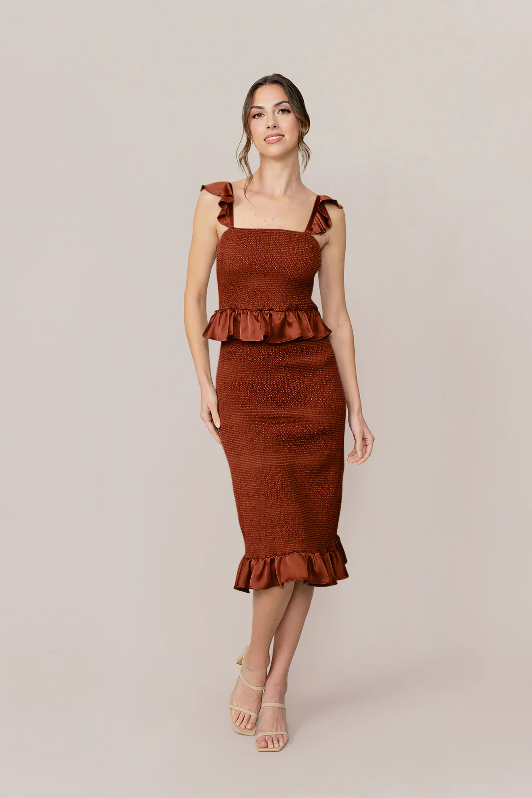 Sample Rust Brinkley Satin Shirring Dress | Ready To Ship
