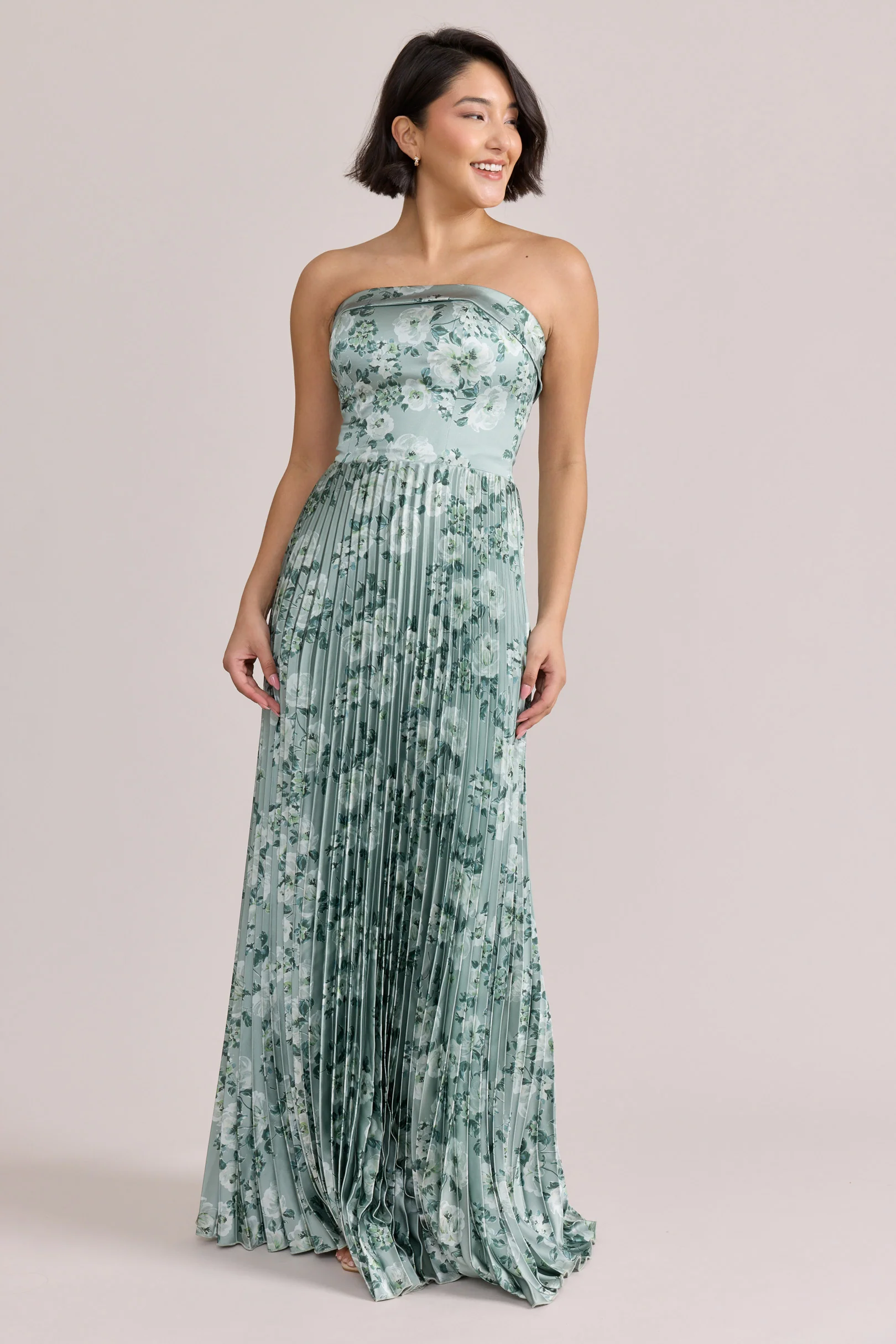 Saylor Satin Pleated Floral Print Dress | Made To Order - Image 95